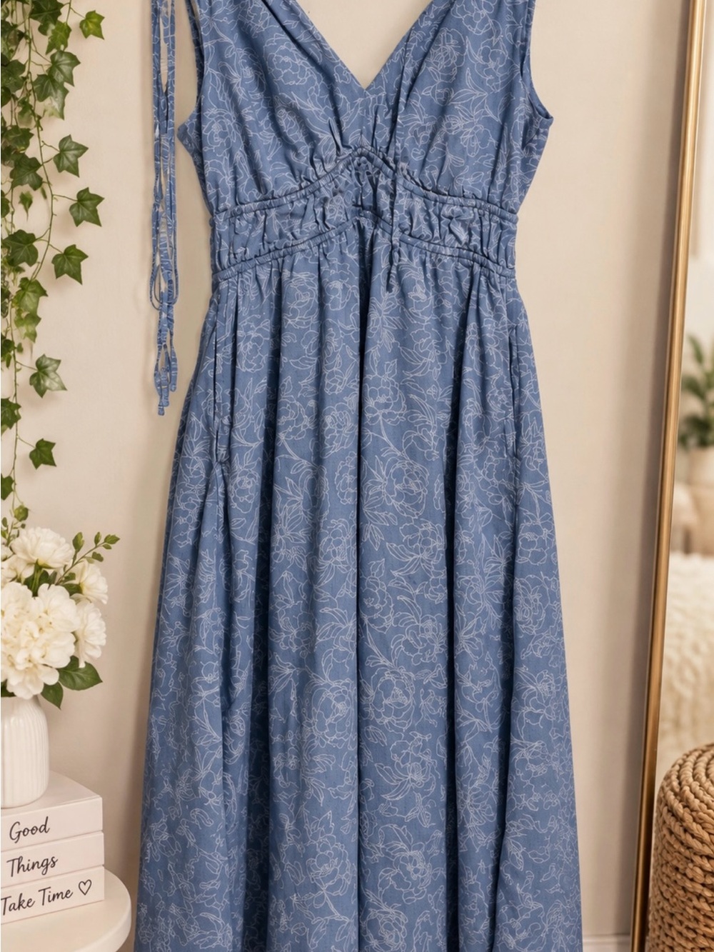 Girls Blue Floral Sundress - Lightweight V-Neck Dress